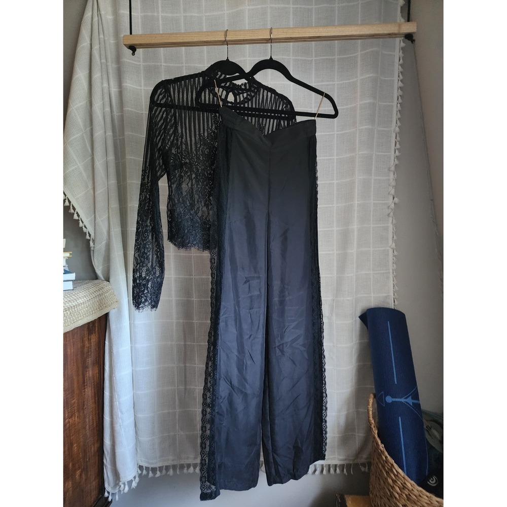 Lulus Lace Top and Momoni Silk Pants Set Black Long Sleeve Wide Leg Medium 42
